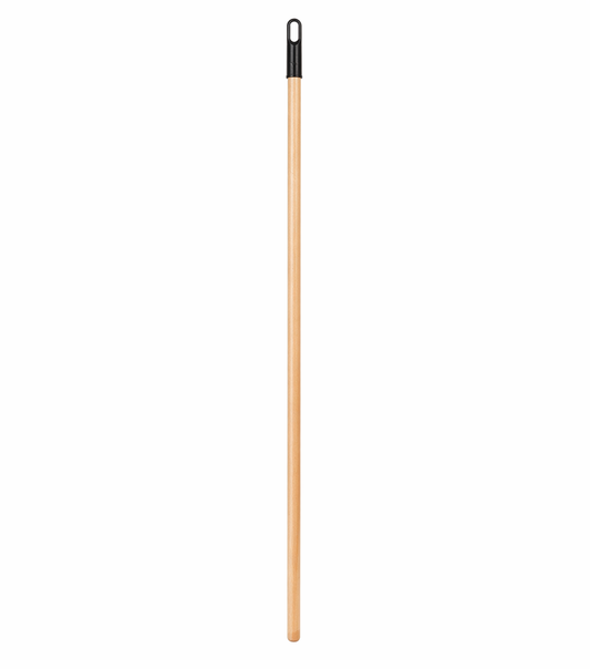 Wooden broom handle with black ferrule on a white background