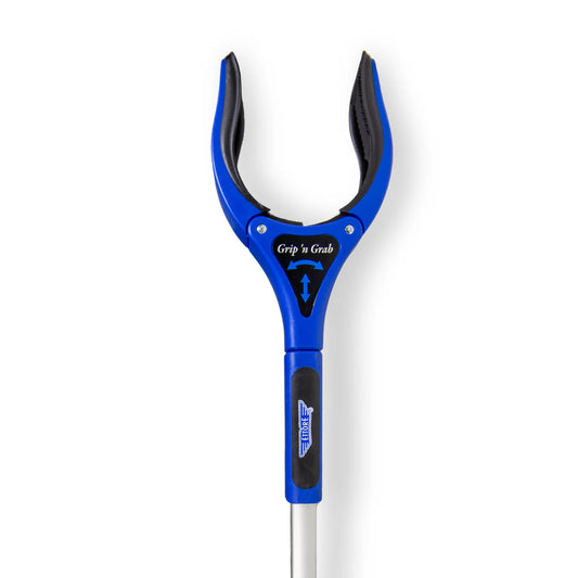 Blue and black tool with 'Grip 'n Grab' branding on a white background