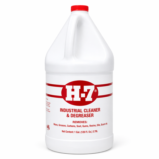 H-7 industrial cleaner and degreaser bottle with red label on a white background