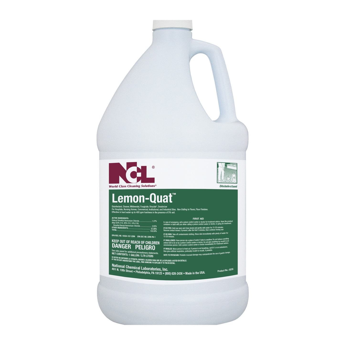 Gallon bottle of NCL Lemon-Quat cleaning solution on a white background