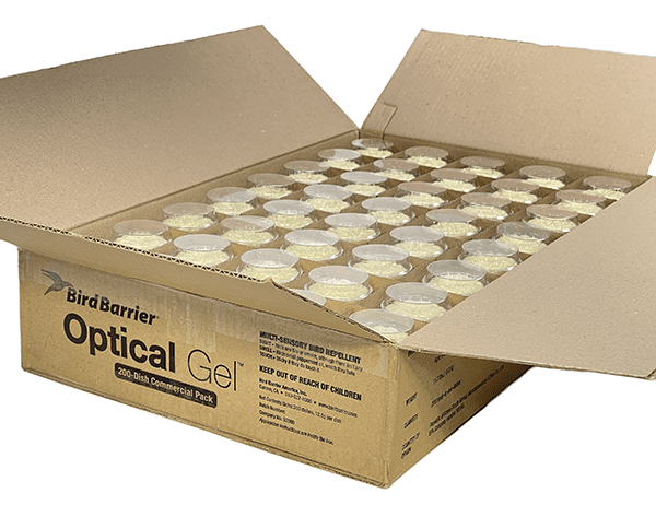 Bird deterrent product with packaging and optical gel containers.