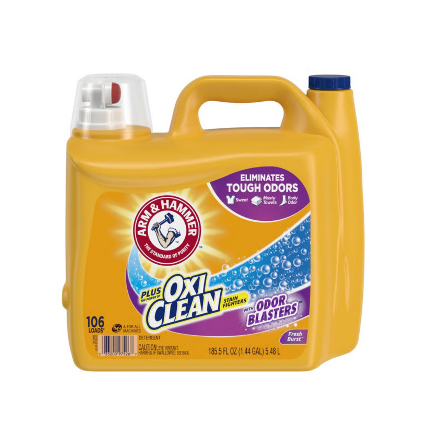 Yellow Arm & Hammer Plus Oxi Clean laundry detergent container on a white background