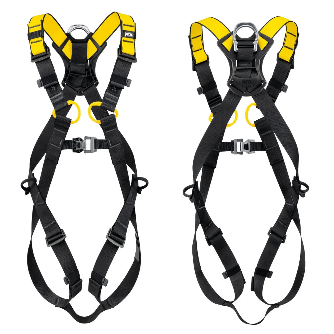 Two views of a black and yellow safety harness on a white background