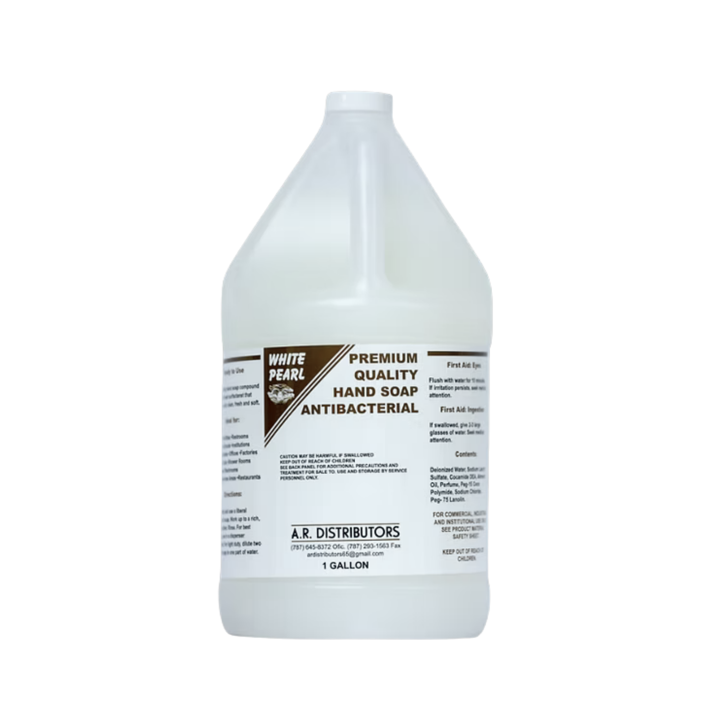 Gallon container of White Pearl Antibacterial Hand Soap on a white background