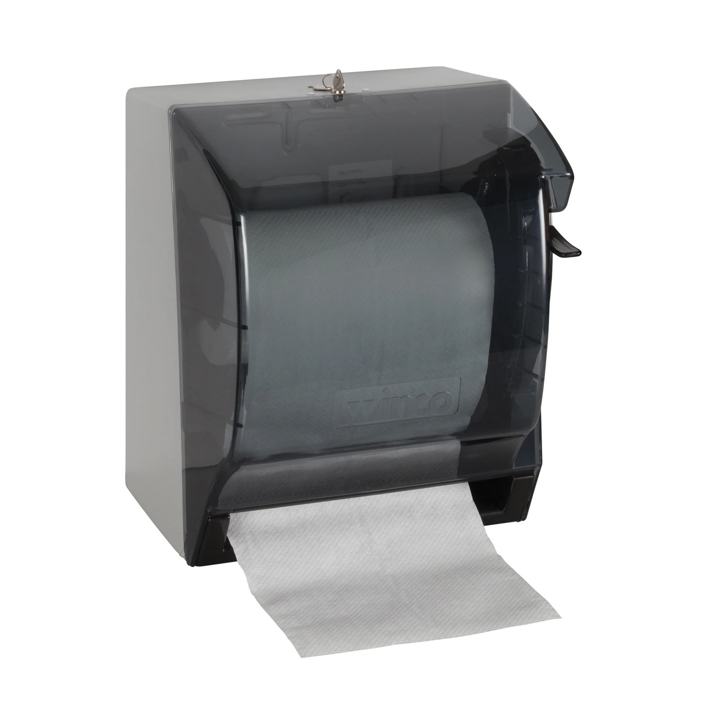 Gray paper towel dispenser with a roll of paper towels on a white background