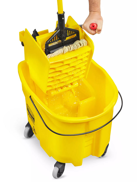 Rubbermaid Yellow cleaning mop bucket with wringer and handle on a white background