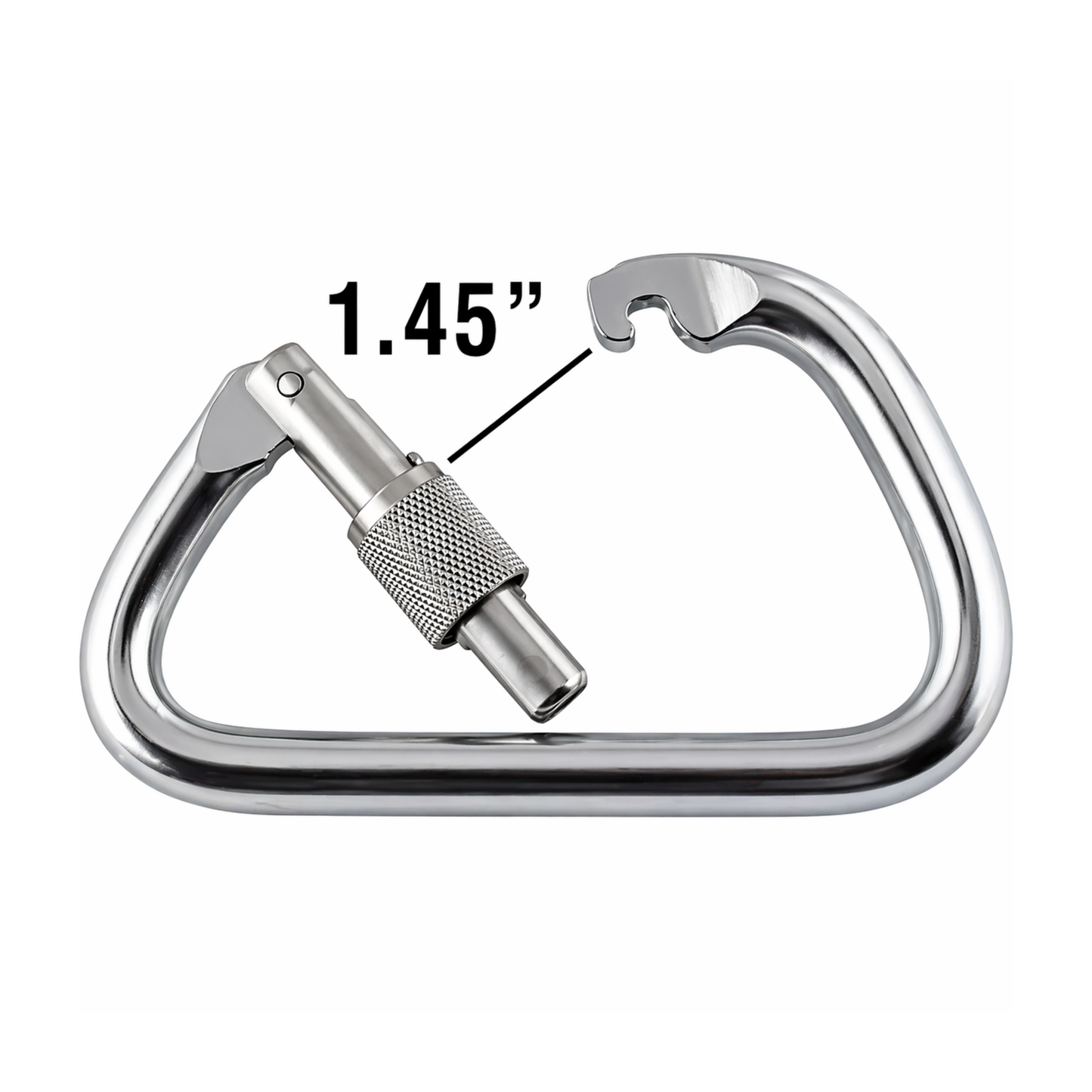 Metal carabiner and measurement label on a white background
