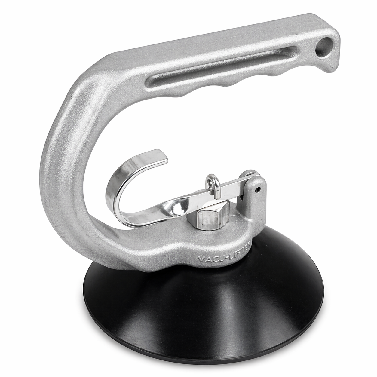 Metallic Single Suction Cup Grabber with a handle on a white background