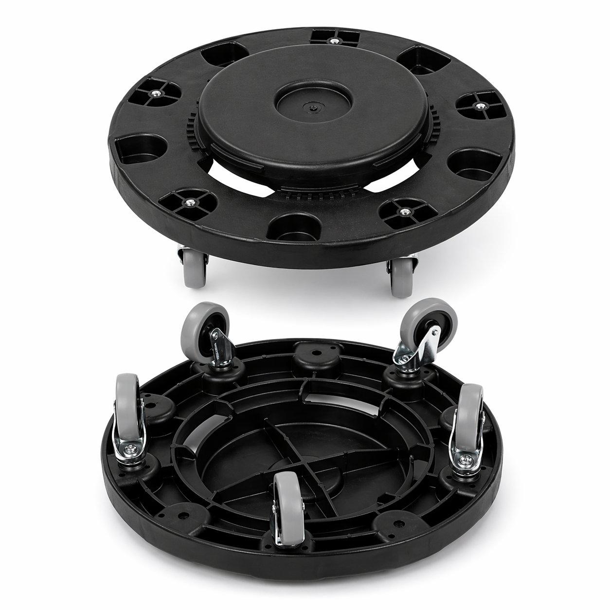 Two black trash can dolly with wheels on a white background