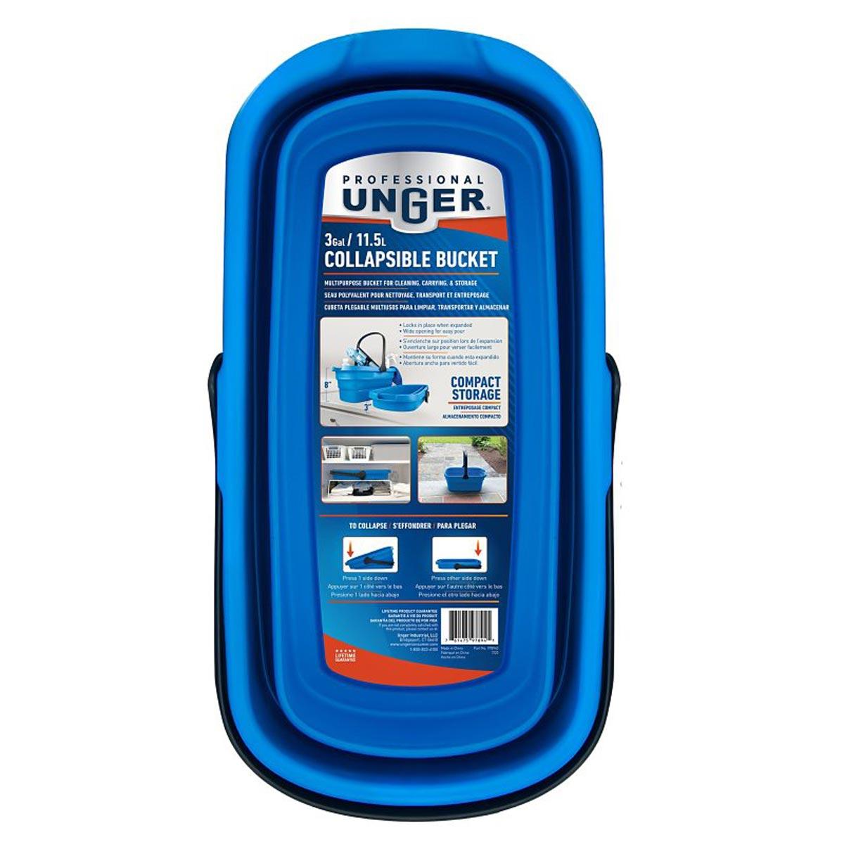 Blue collapsible bucket with Unger branding on a white background