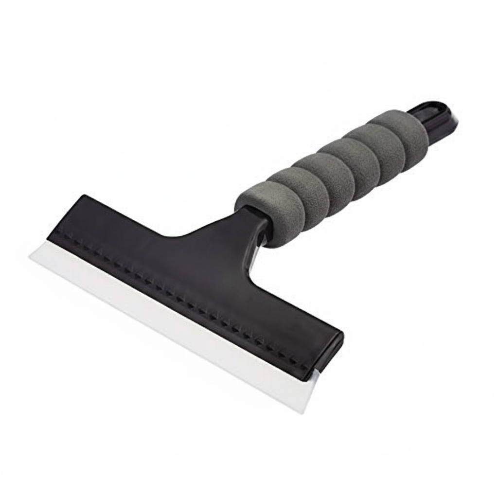 Squeegee with black handle and blade on a white background, featuring 'AmazonBasics' branding.