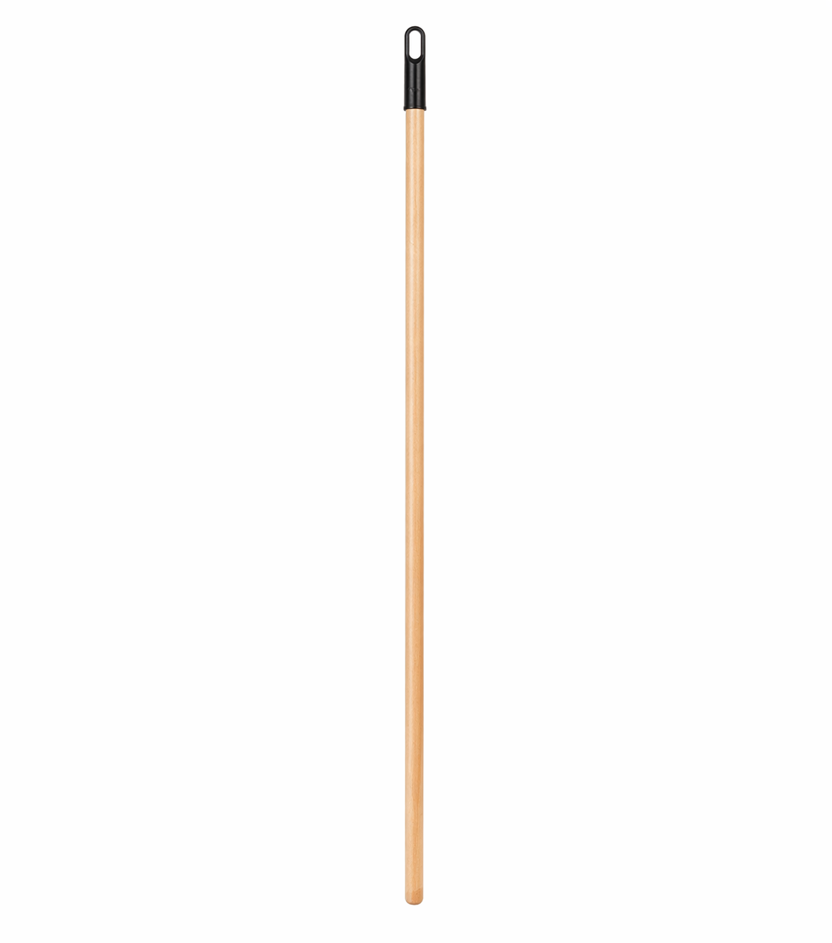 Wooden broom handle with black ferrule on a white background
