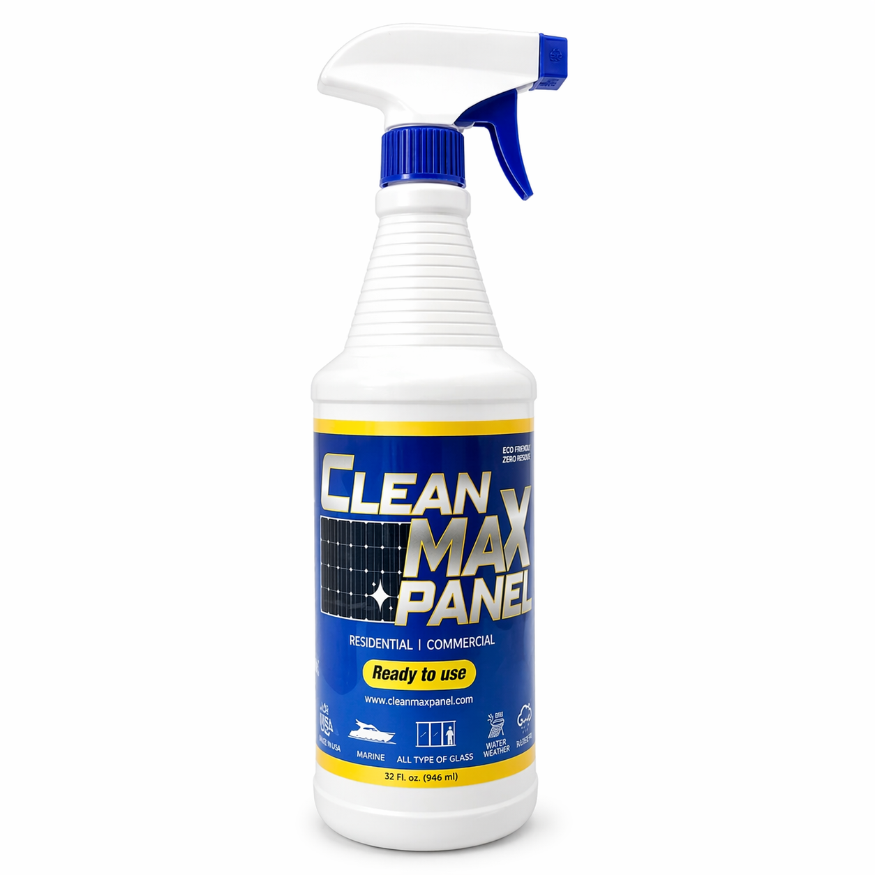 Clean Max Panel spray bottle on a white background. Designed to clean and protect photovoltaic (solar) panels