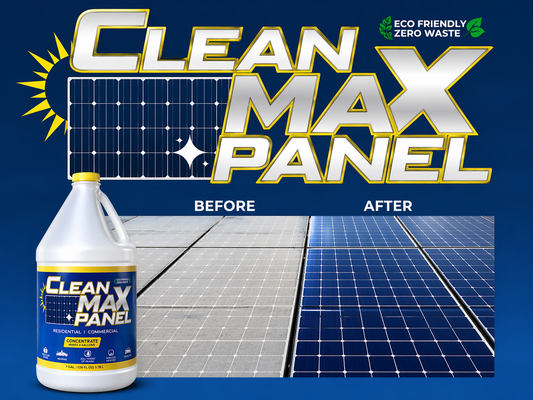 Clean Max Panel product with 'Before' and 'After' comparison of a solar panel on a blue background.