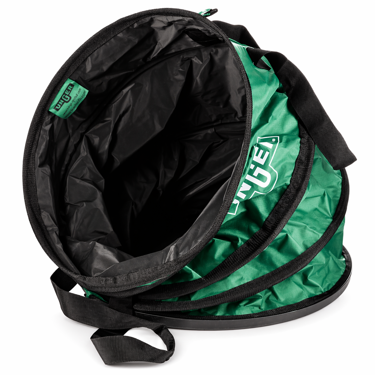 Collapsable green and black Unger NiftyNabber Bagger with a visible brand logo on a white background