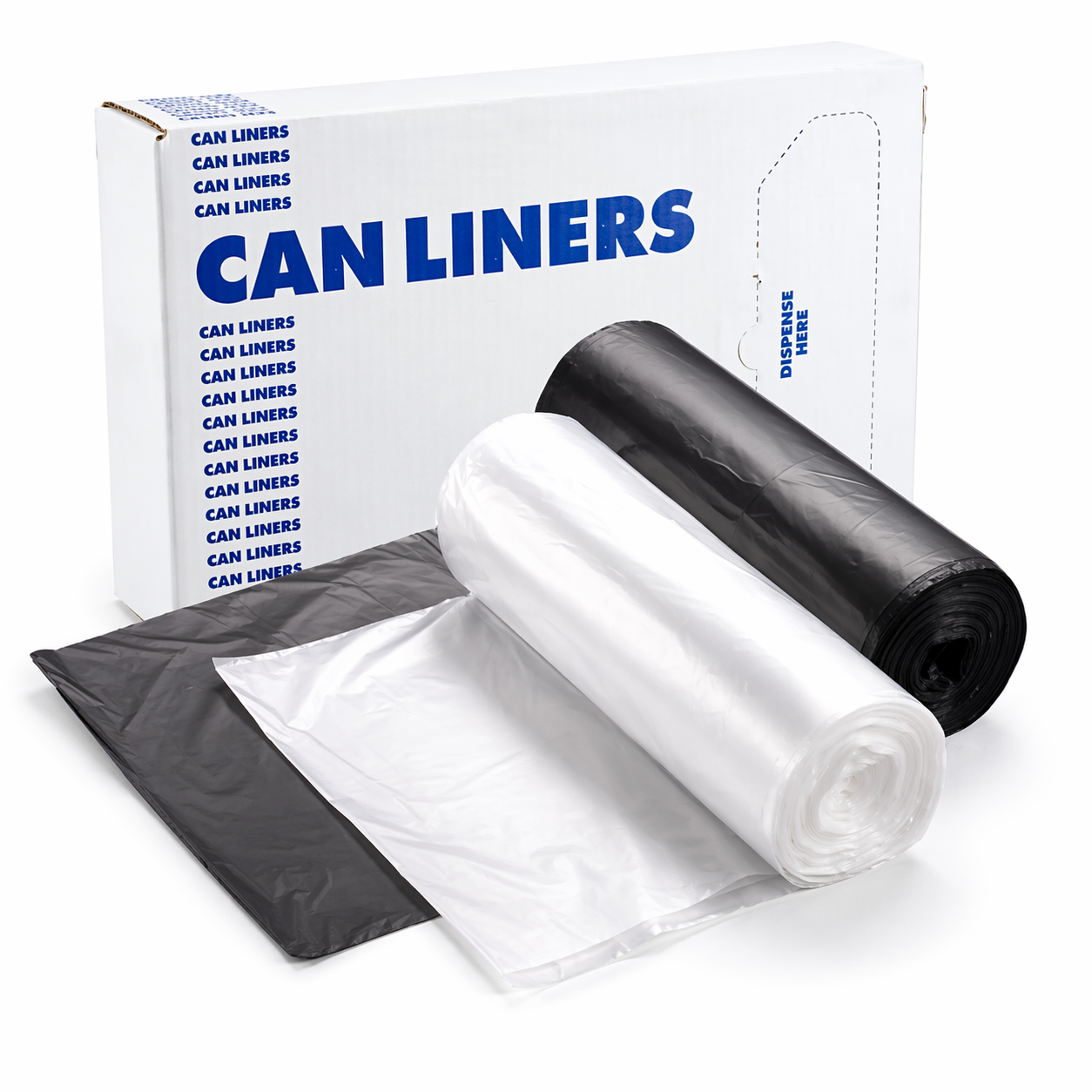 Rolls of can liners with a box labeled 'Can Liners' on a white background