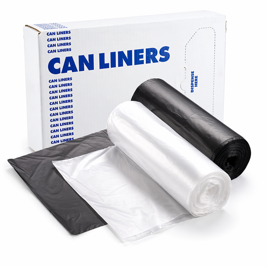 Rolls of can liners with a box labeled 'Can Liners' on a white background