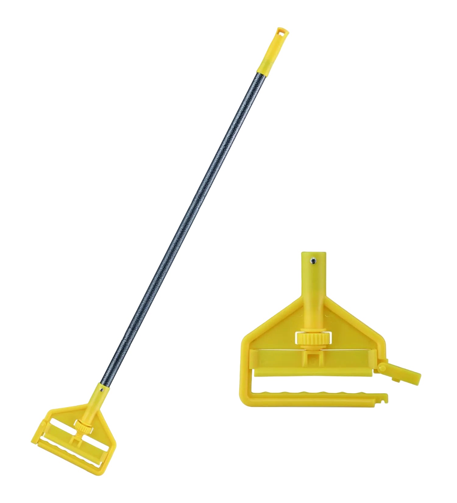 Yellow floor cleaning tool with a long handle on a white background