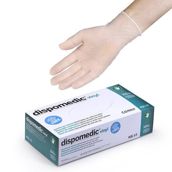 Box of dispomedic vinyl gloves with a hand wearing a glove on a white background