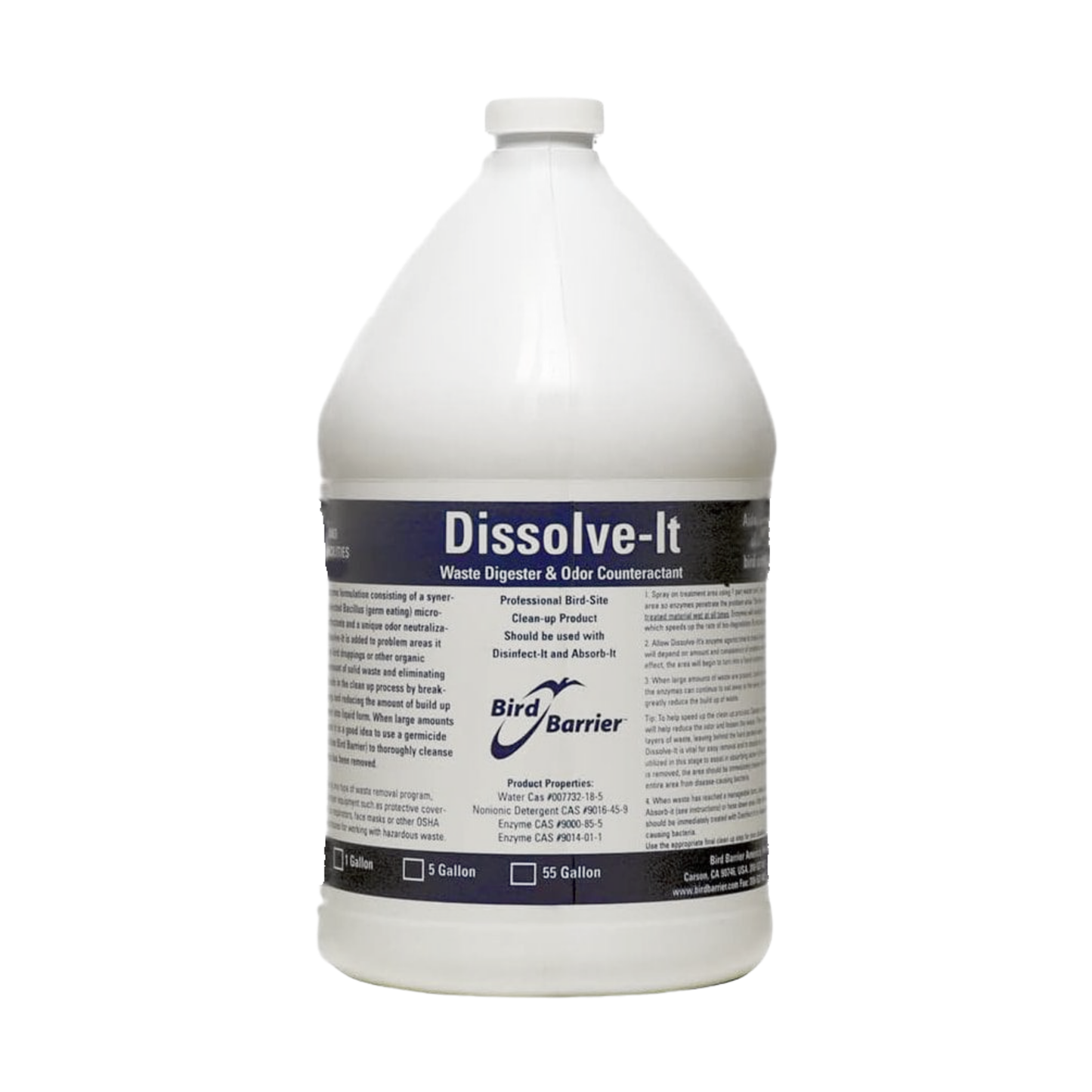 Gallon container of 'Dissolve-It' waste digester on a white background