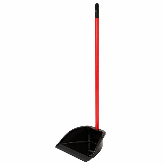 Black dustpan with a red handle on a white background