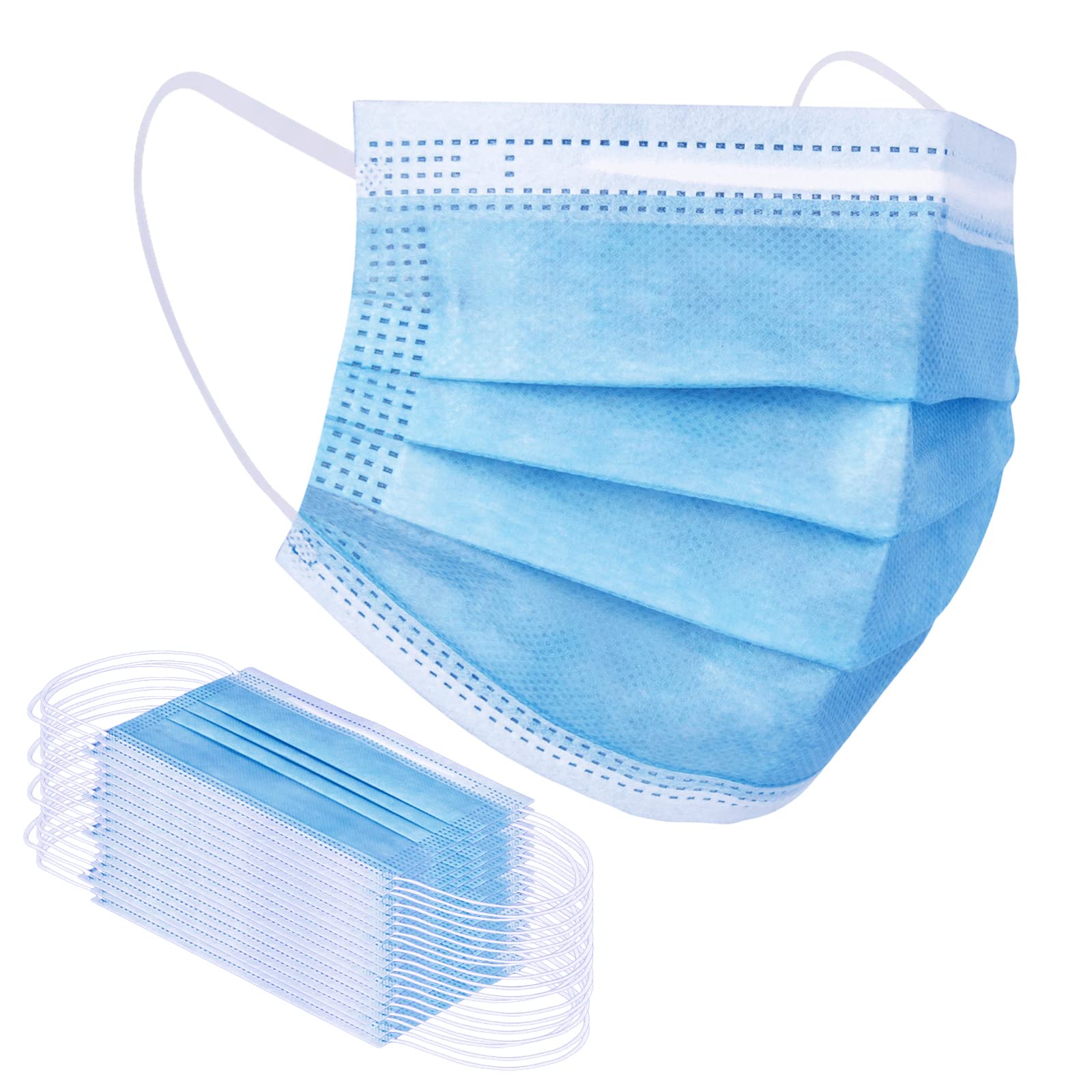 Blue surgical mask with a stack of additional masks on a white background