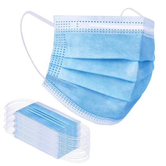 Blue surgical mask with a stack of additional masks on a white background