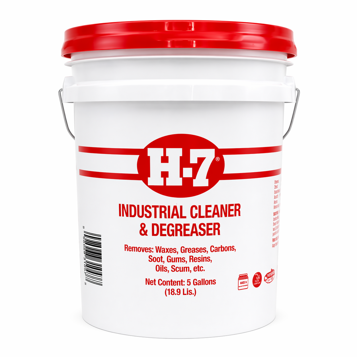 H-7 Industrial Cleaner & Degreaser bucket with red lid and label on a white background