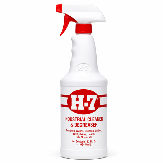 H-7 Industrial Cleaner & Degreaser bottle with red nozzle on a white background