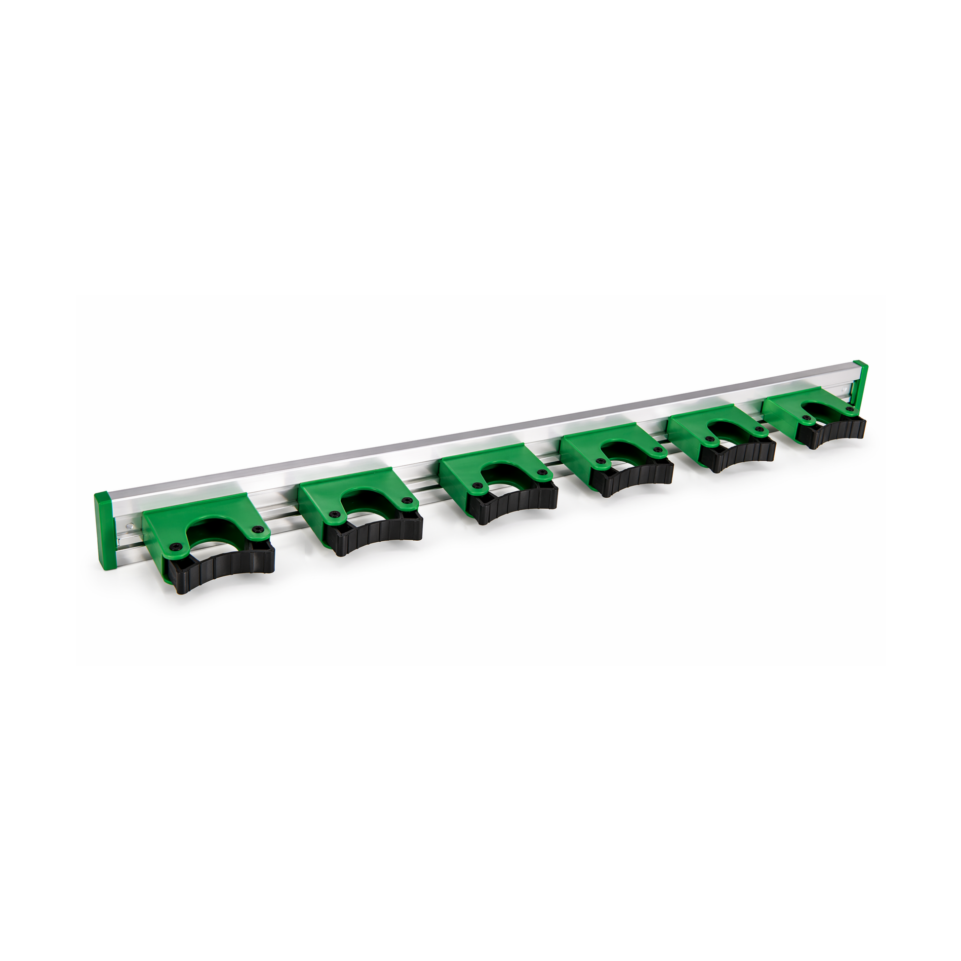 Green and black hang up tool rack on a white background