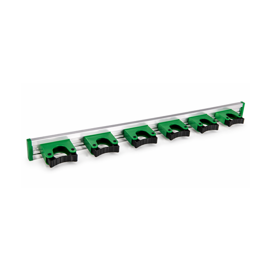 Green and black hang up tool rack on a white background