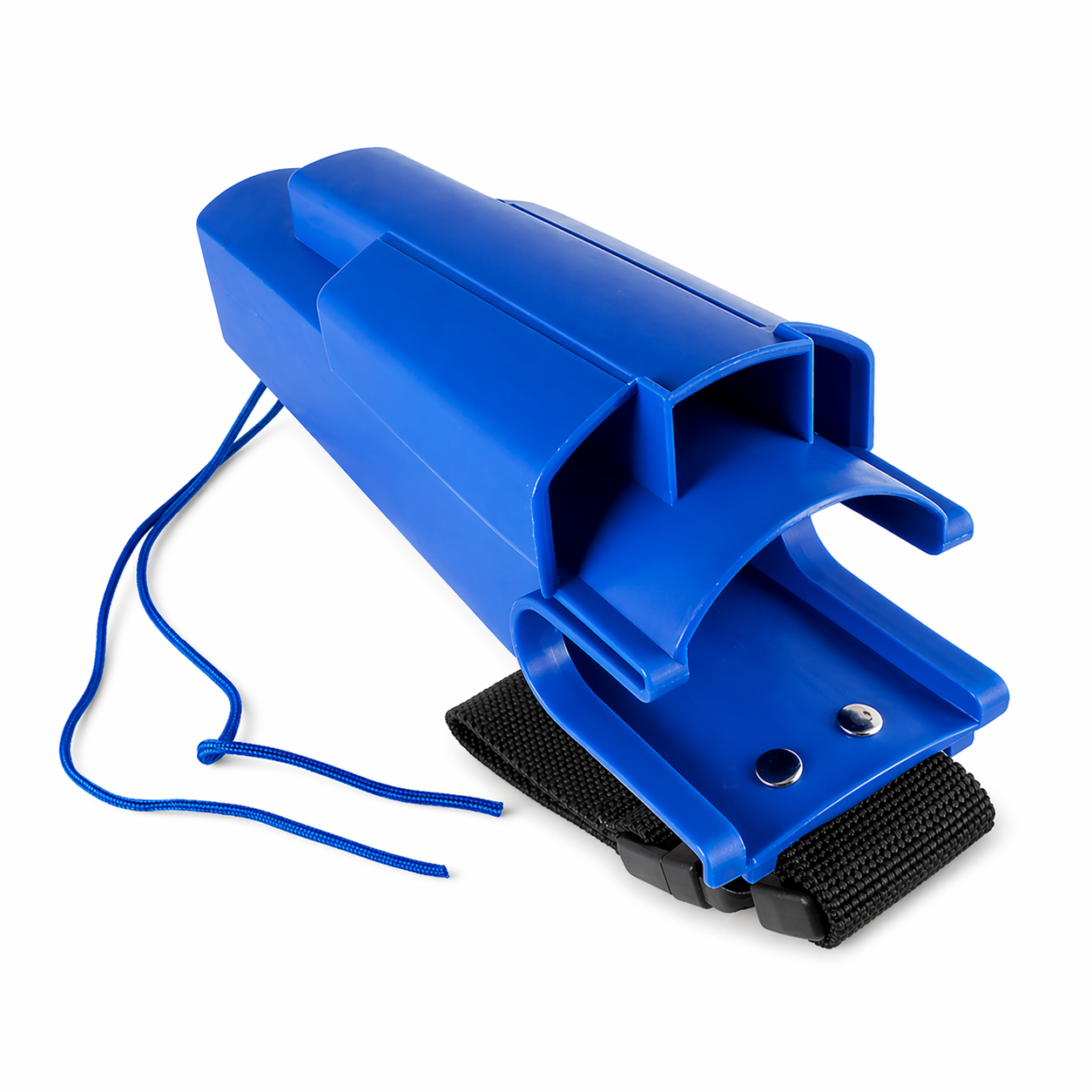 Blue plastic Hip Bucket with a black strap on a white background