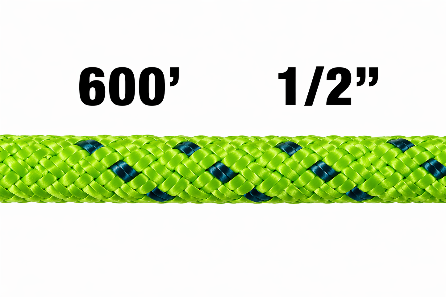 Green rope with blue accents labeled '600 feet' and '1/2 inch' on a white background