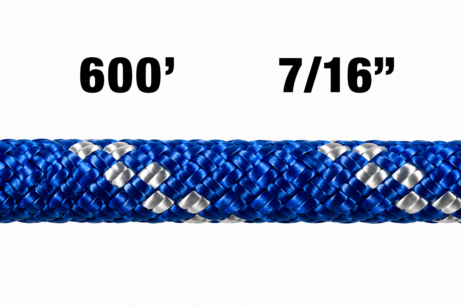 Blue rope with measurement text '600' and '7/16"' on a white background