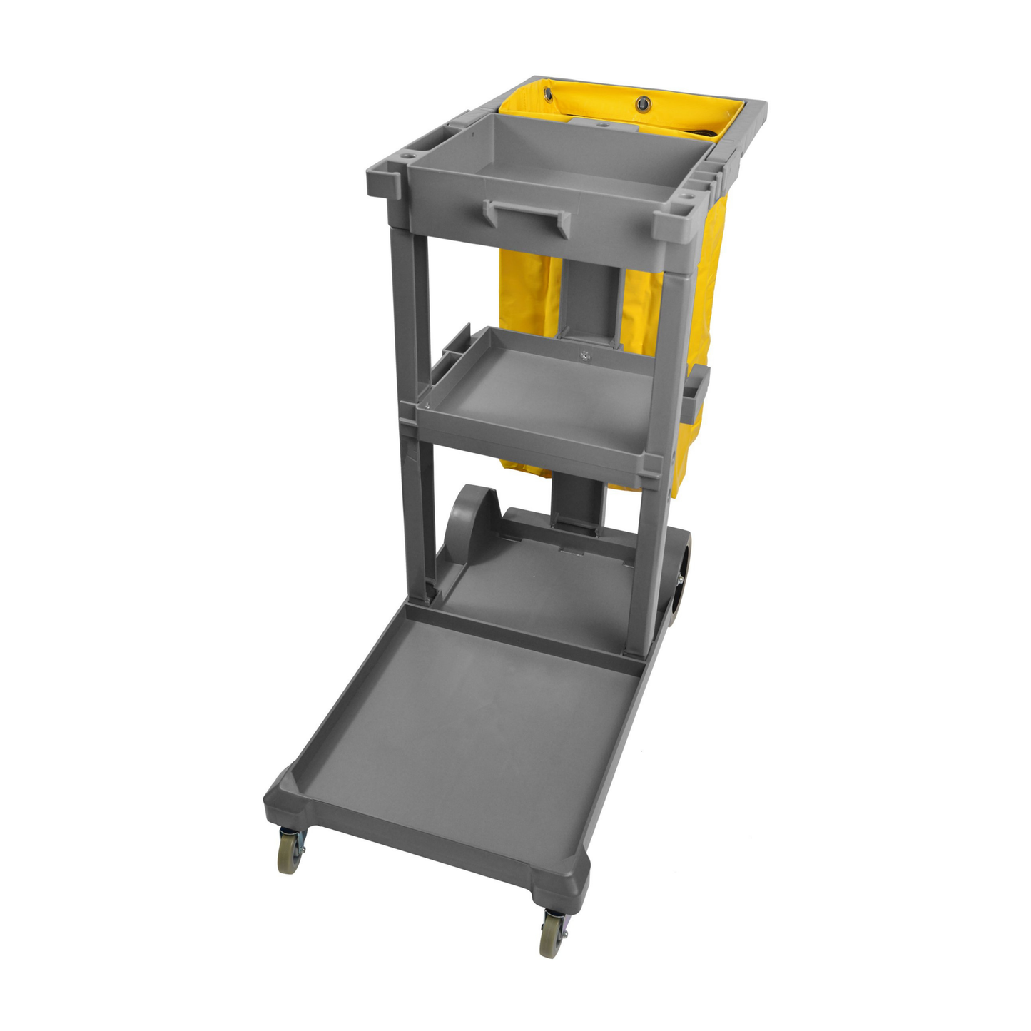 Gray and yellow janitor cleaning cart with a yellow bucket on a white background
