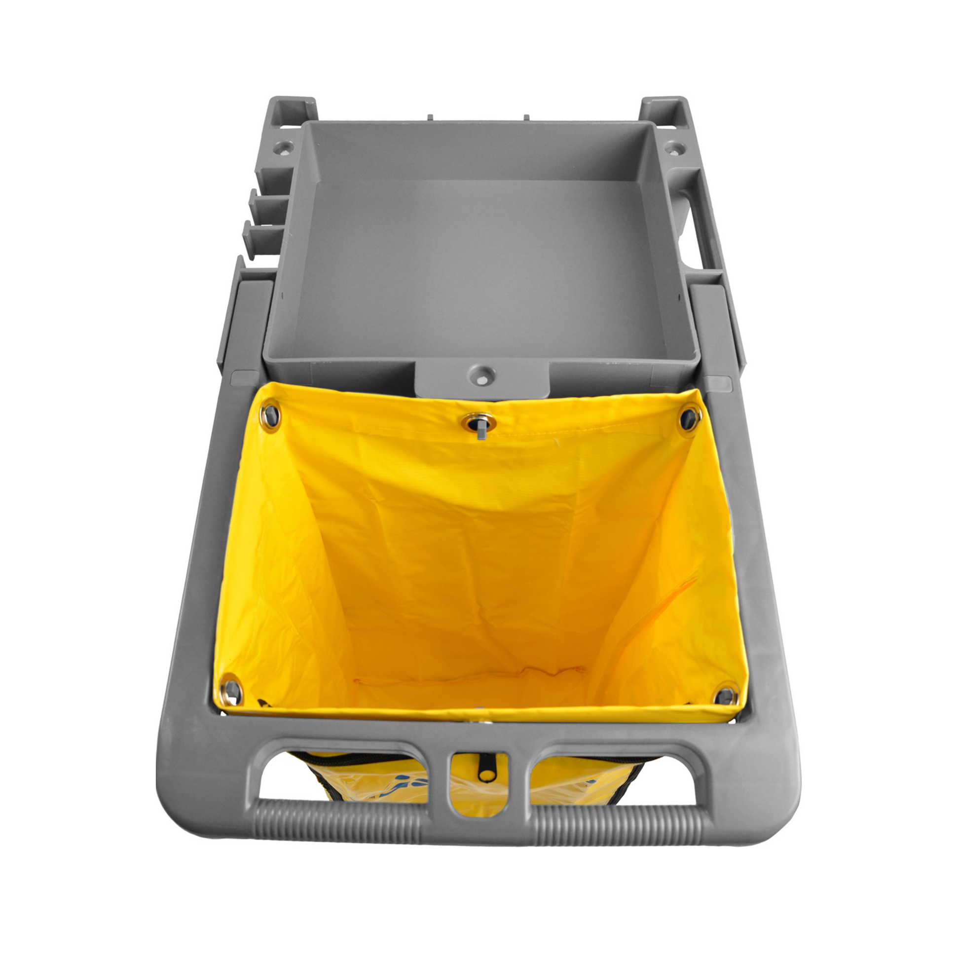 Gray and yellow janitor cart seen from above on a white background