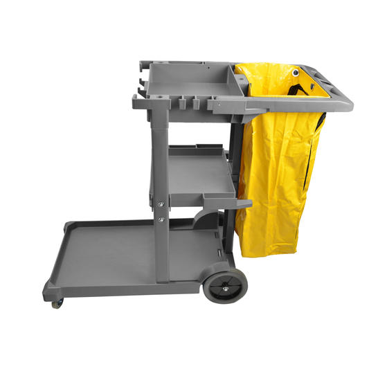 Gray cleaning cart with yellow bag on a white background