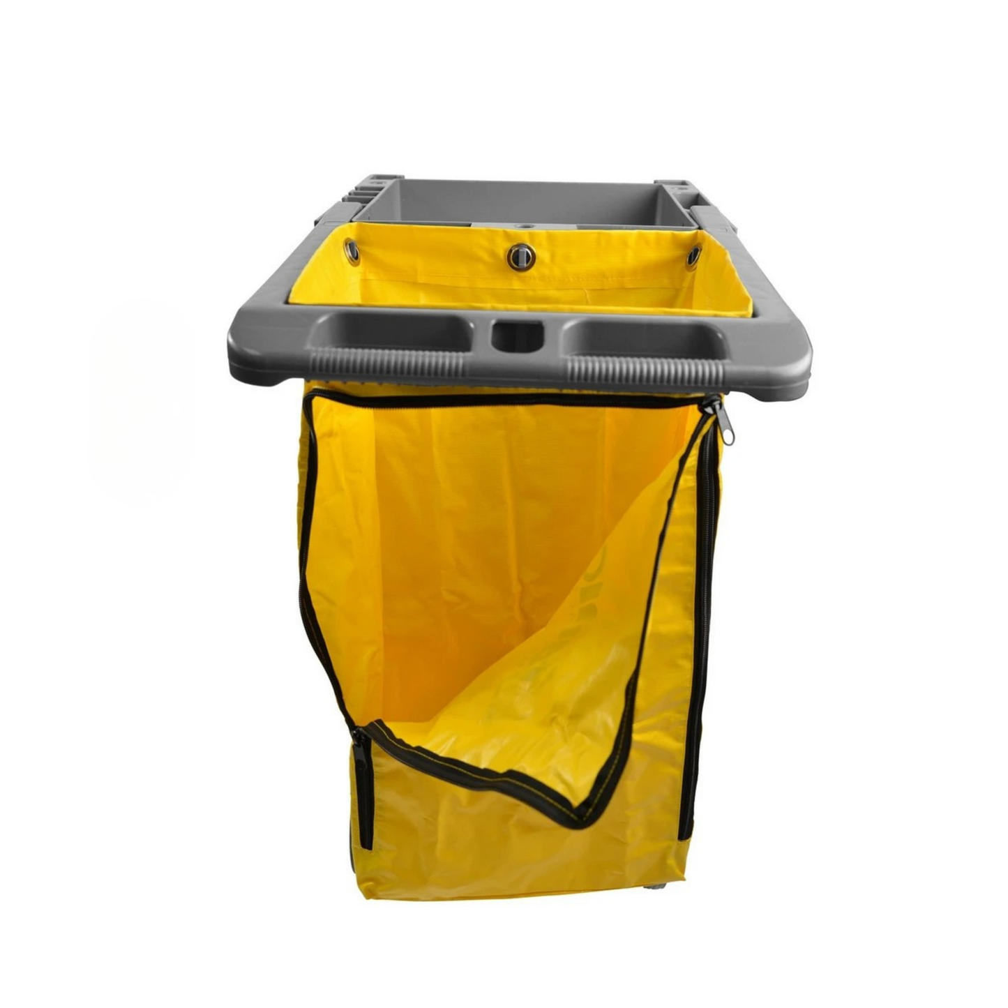 Gray janitor cart with a yellow bag on a white background