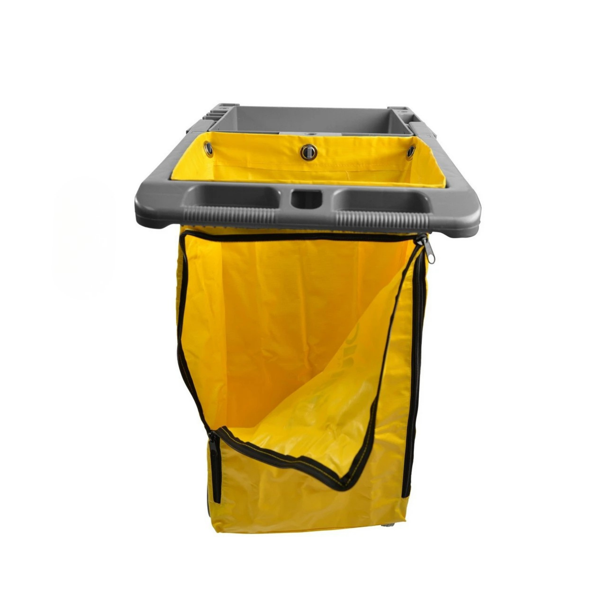 Gray janitor cart with a yellow bag on a white background