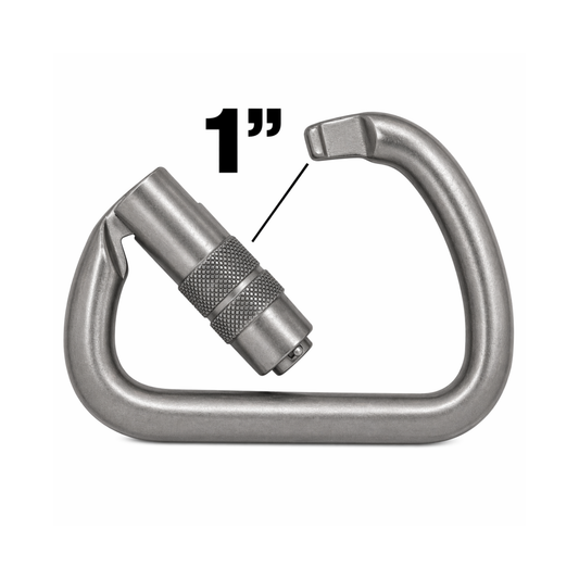 Steel carabiner with a measurement label indicating 1 inch on a white background