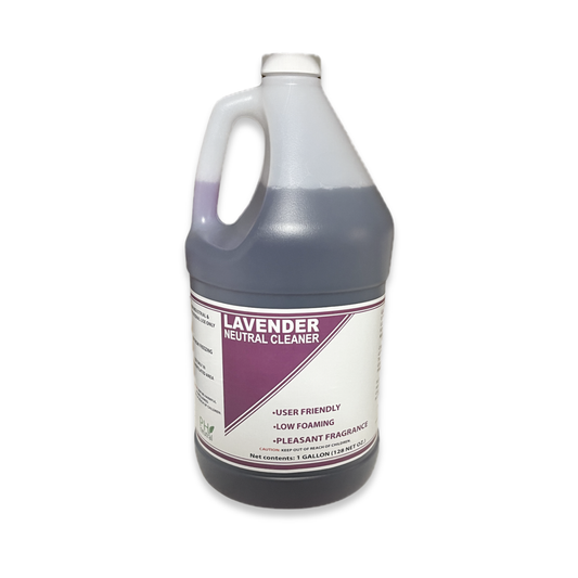 Gallon bottle of lavender neutral cleaner on a white background