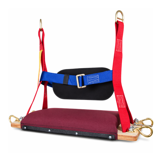 MIO Bosun's Chair with red straps and a maroon seat on a white background