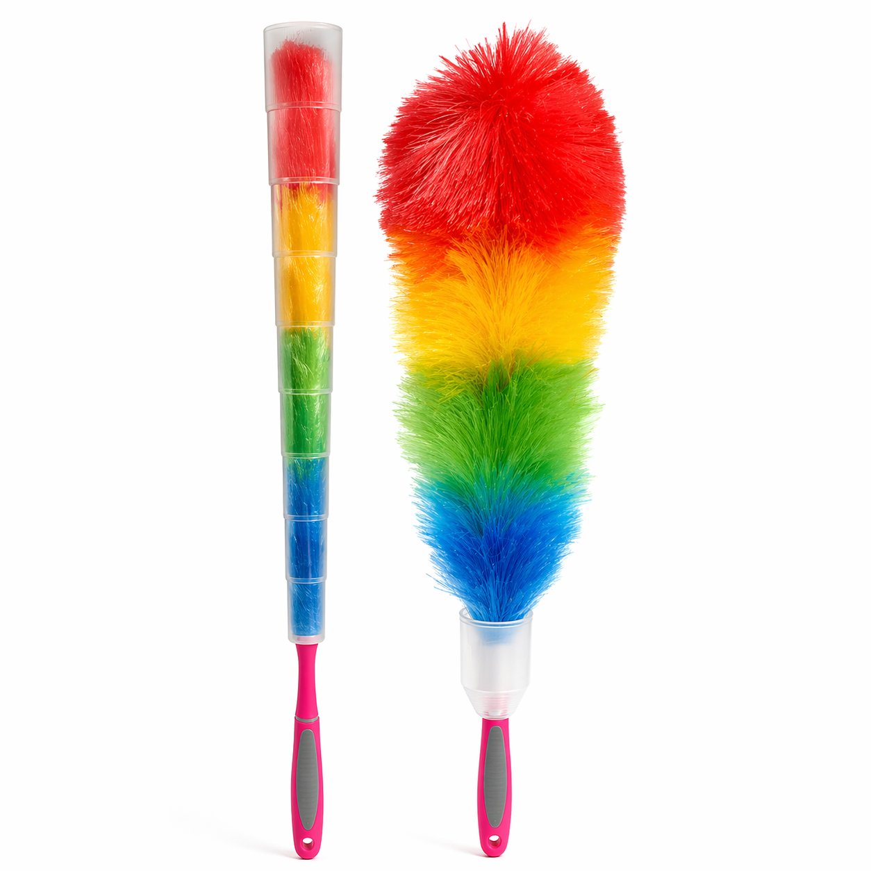 Multicolored anti static feather duster with a rainbow pattern on a white background