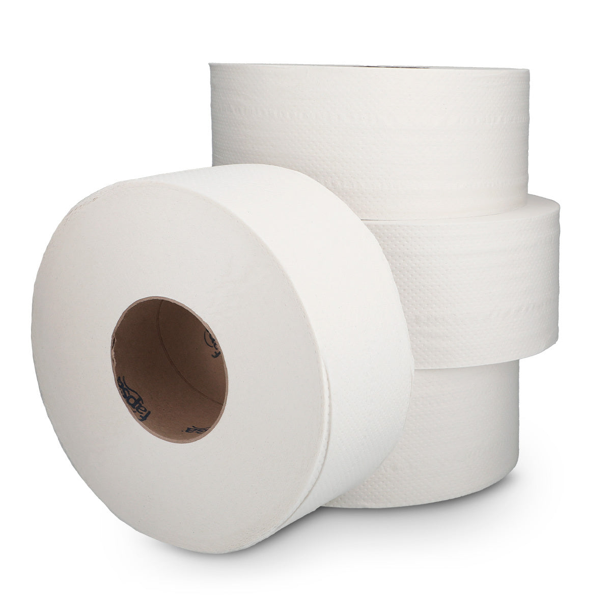 Two rolls of white paper towels on a white background