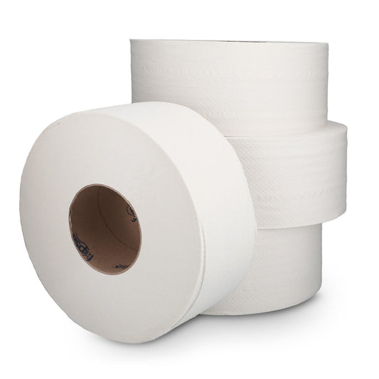 Two rolls of white paper towels on a white background