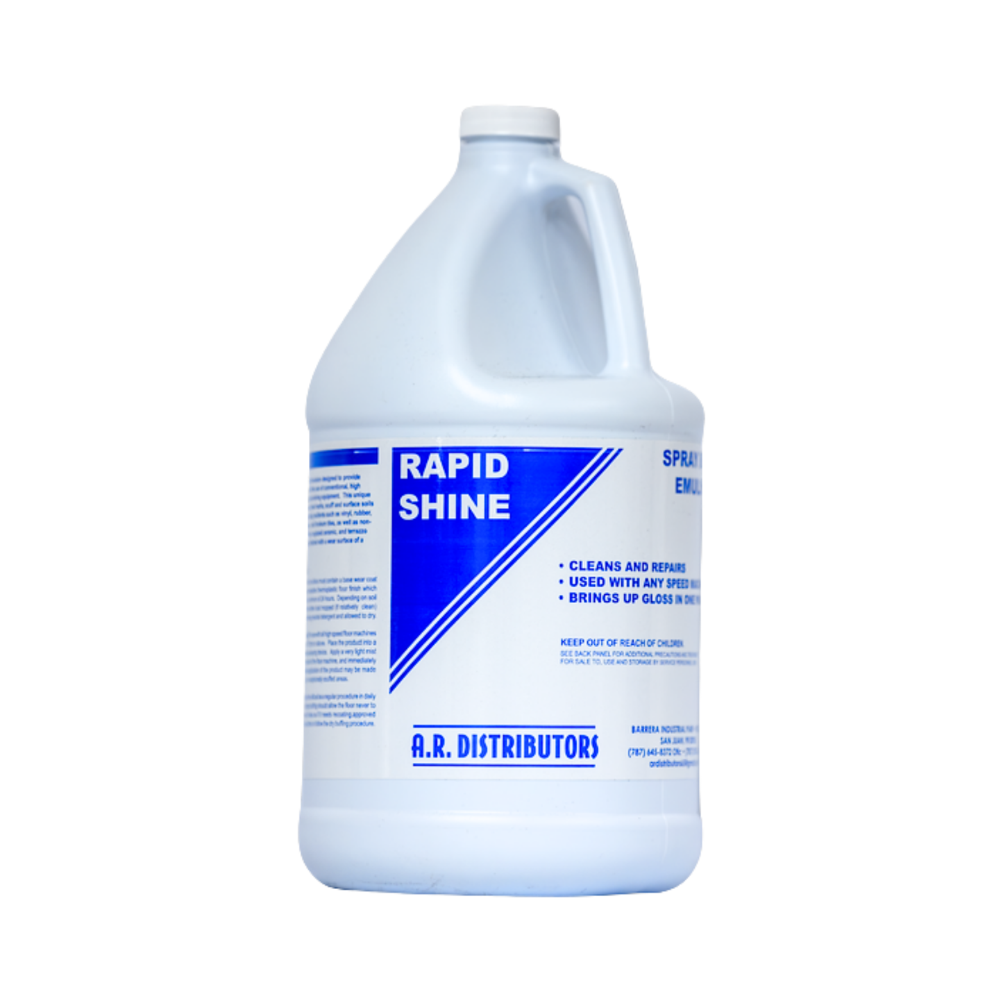 Gallon bottle of 'Rapid Shine' Spray Buff cleaner with blue label on a white background