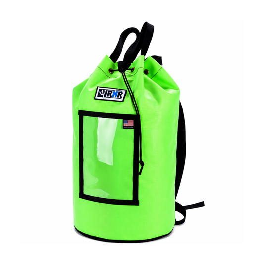 Neon green drawstring rope bag with black accents on a white background