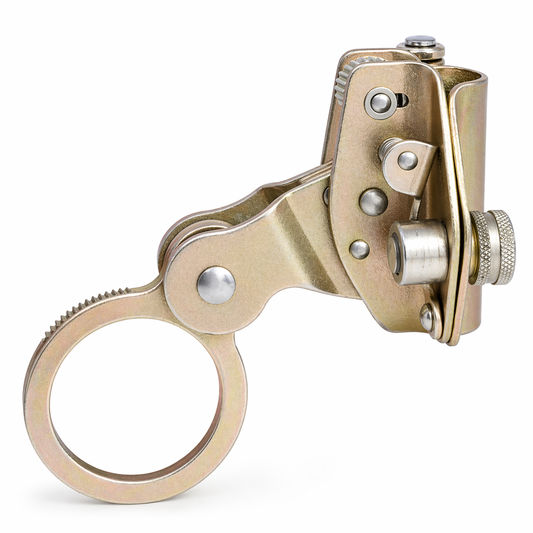 Metallic Rope Grab with a ring-like component on a white background