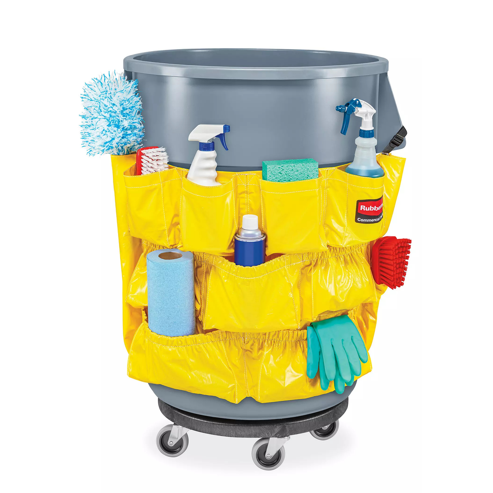 Cleaning caddy bag with various cleaning supplies on a white background