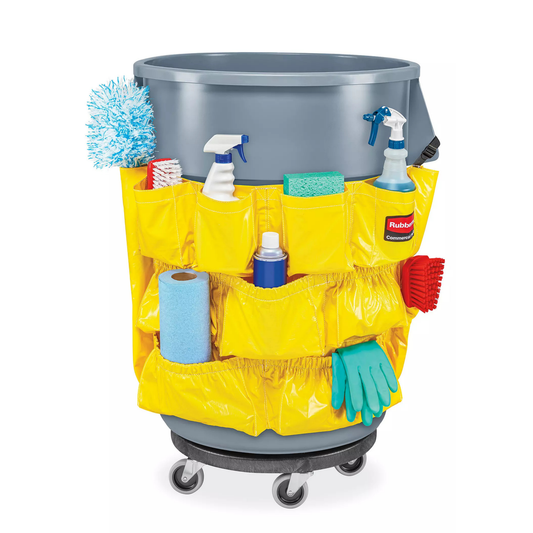Cleaning caddy bag with various cleaning supplies on a white background